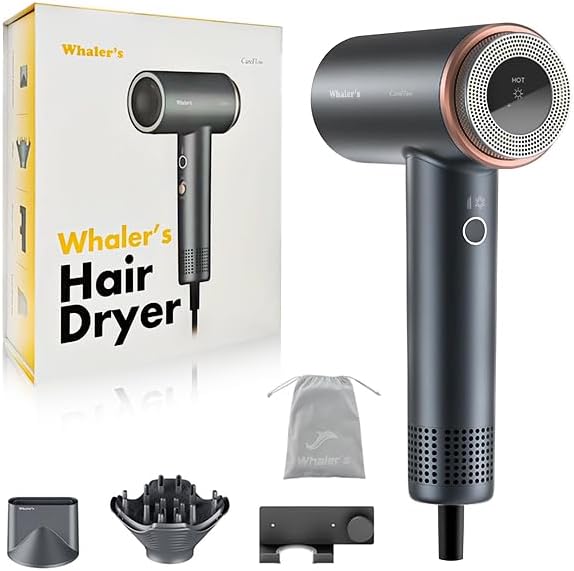 WHALER'S Hair Dryer with Diffuser for Curly Hair, 1400W Professional High-Speed Ionic Hair Dryer, 110,000RPM Fast Drying, 4 Temperatures and 2 Speeds