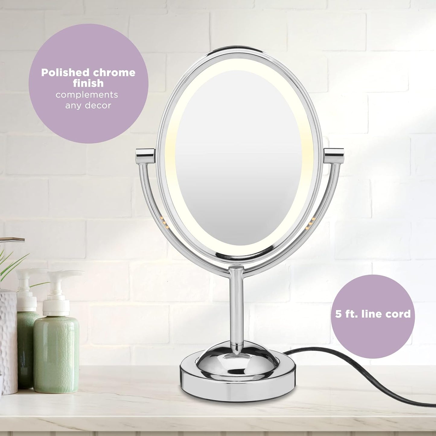 Lighted Makeup Mirror with Magnification, Oval Mirror, LED Vanity Mirror, 1X/7X Magnifying Mirror, Double Sided Mirror, Corded in Polished Chrome