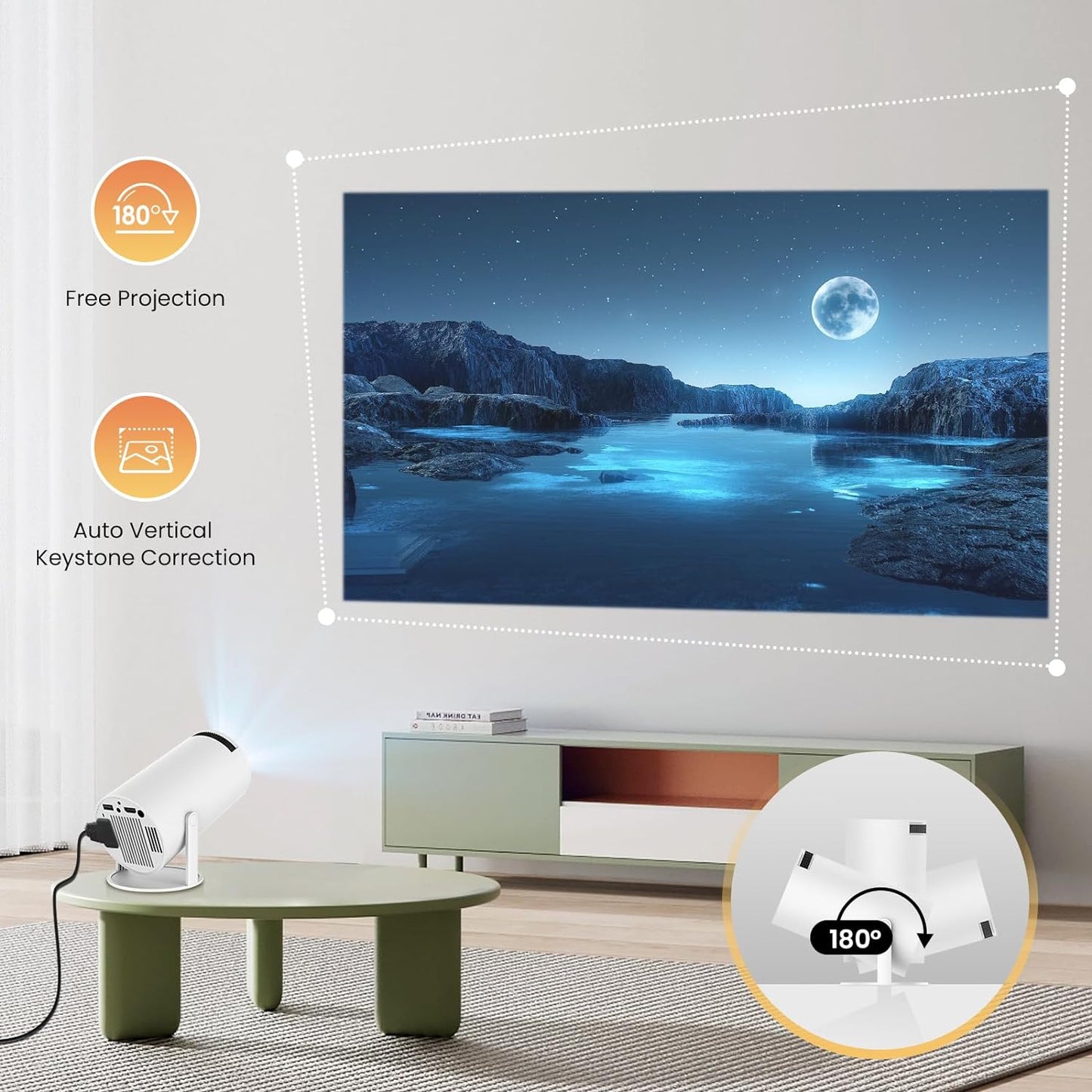 Mini Projector, HY300 Auto Keystone Correction Portable Projector, 4K/ 200 ANSI Smart Projector with 2.4/5G WiFi, BT 5.0, 130 Inch Screen, 180 Degree Flip, Round Design, Home Video Projector