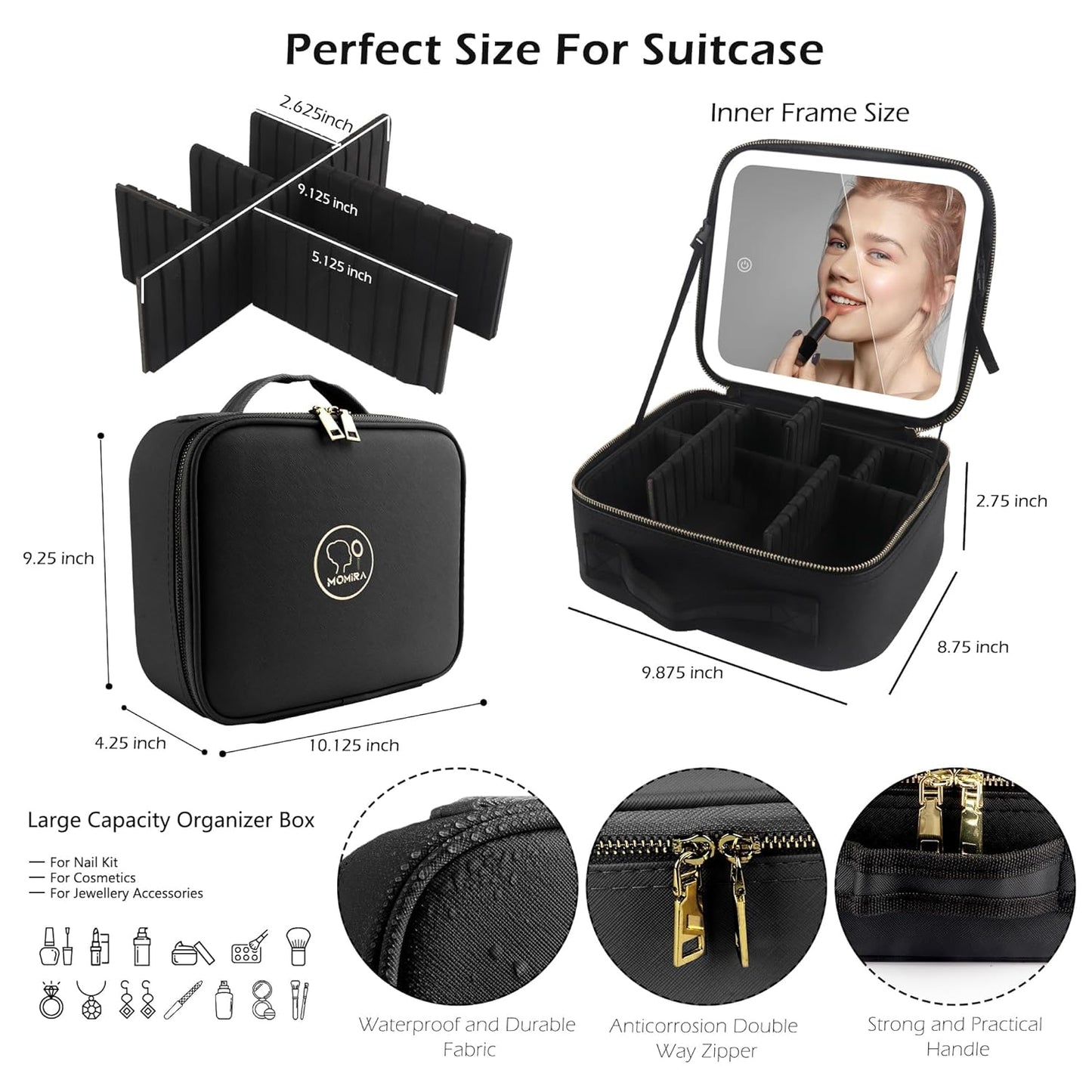 Makeup Bag with Mirror and Light Travel Makeup Train Case Cosmetic Organizer Portable Artist Storage Bag with Adjustable Dividers Makeup Brushes Storage Organizer