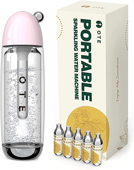 OTE Portable Sparkling Water Maker Soda Maker Machine for home with 20PCS Cylinders 450ml Personal seltzer Carbonators Electroless Double Layer PET Bottle BPA Free Double Pressure Relief Valves
