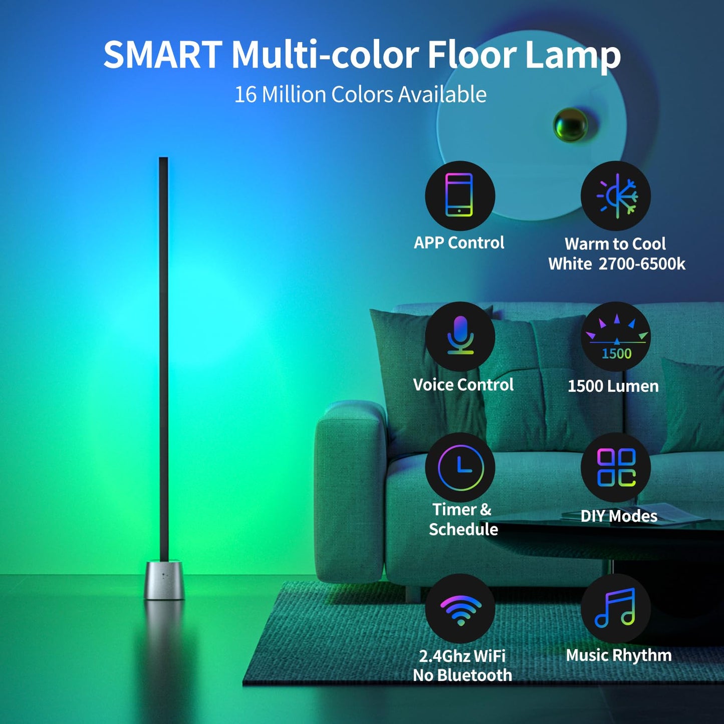 Fitop Smart LED Floor Lamp for Home: Dynamic 44 Modes, Customizable DIY Colors, Music Sync & Timer - Alexa/Google Assistant Compatible for Living Room, Bedroom, Gaming - Adjustable RGB & Cool White Light
